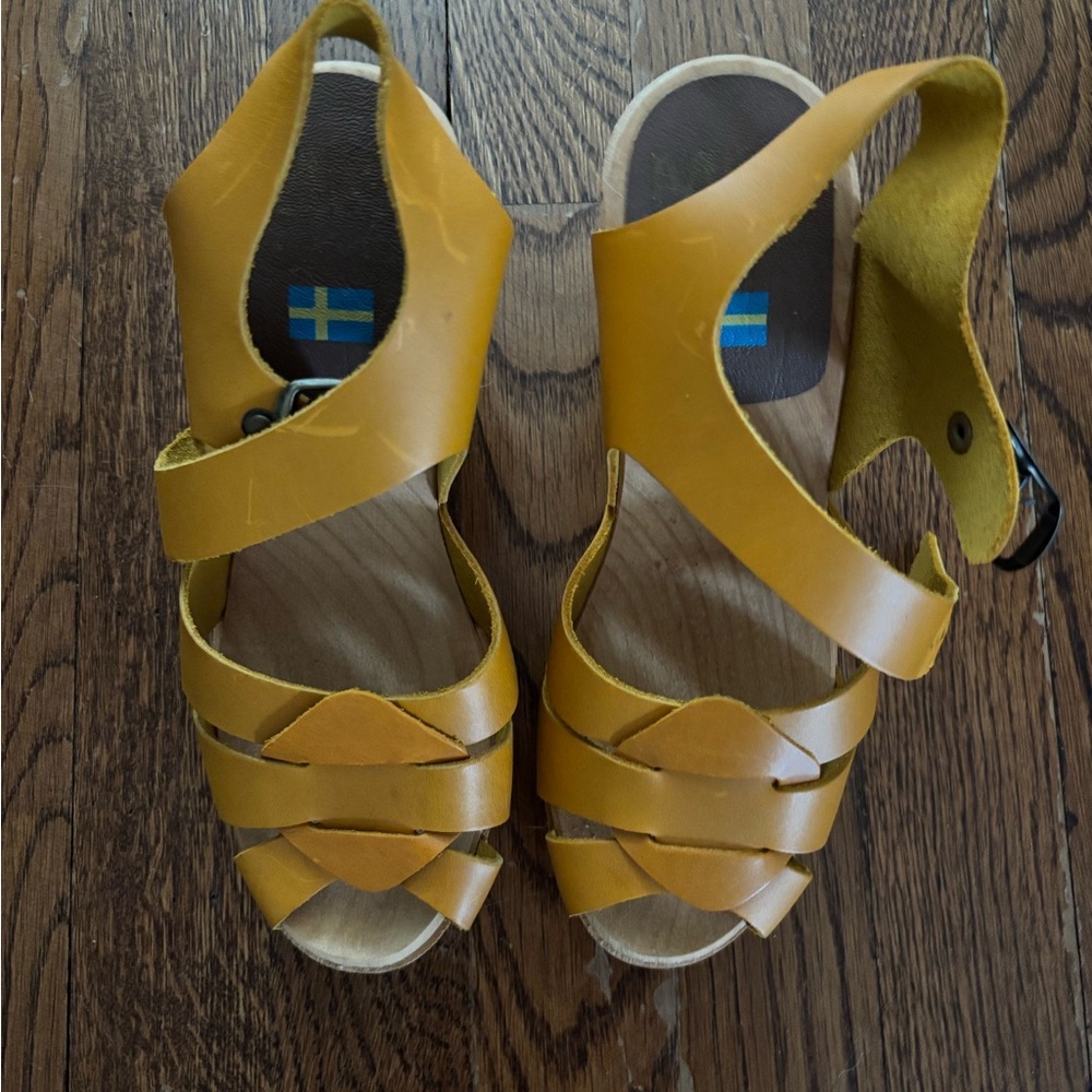 MIA Swedish Mustard Leather Wooden Clog Sandals